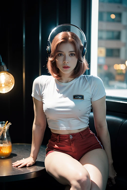 A photo of a young pretty, nerdy woman (amy amad sitting in a cafe, wearing a white shirt and a bow, surrounded by a cozy lofi atmosphere, looking at the viewer. Short Pink Hair, Stunning Glow Lite Blue Eyes, Amazing beautiful shining hitech astropunk helmet with a big faceshield like an ultimate astronaut, cinematic lut colors, stunning masterpiece of photography, Traditional Cyberbodies, Realistic,DERPD, Science-Fiction, serie-b movie scene. blacklights fluorescent colors, neon-noir ascents, contrasting lsd colors, blue theme