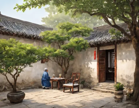 ancient china, suzhou ancient house with an indoor yard, low white wall surrounding the yard, on the left side of the yard there...