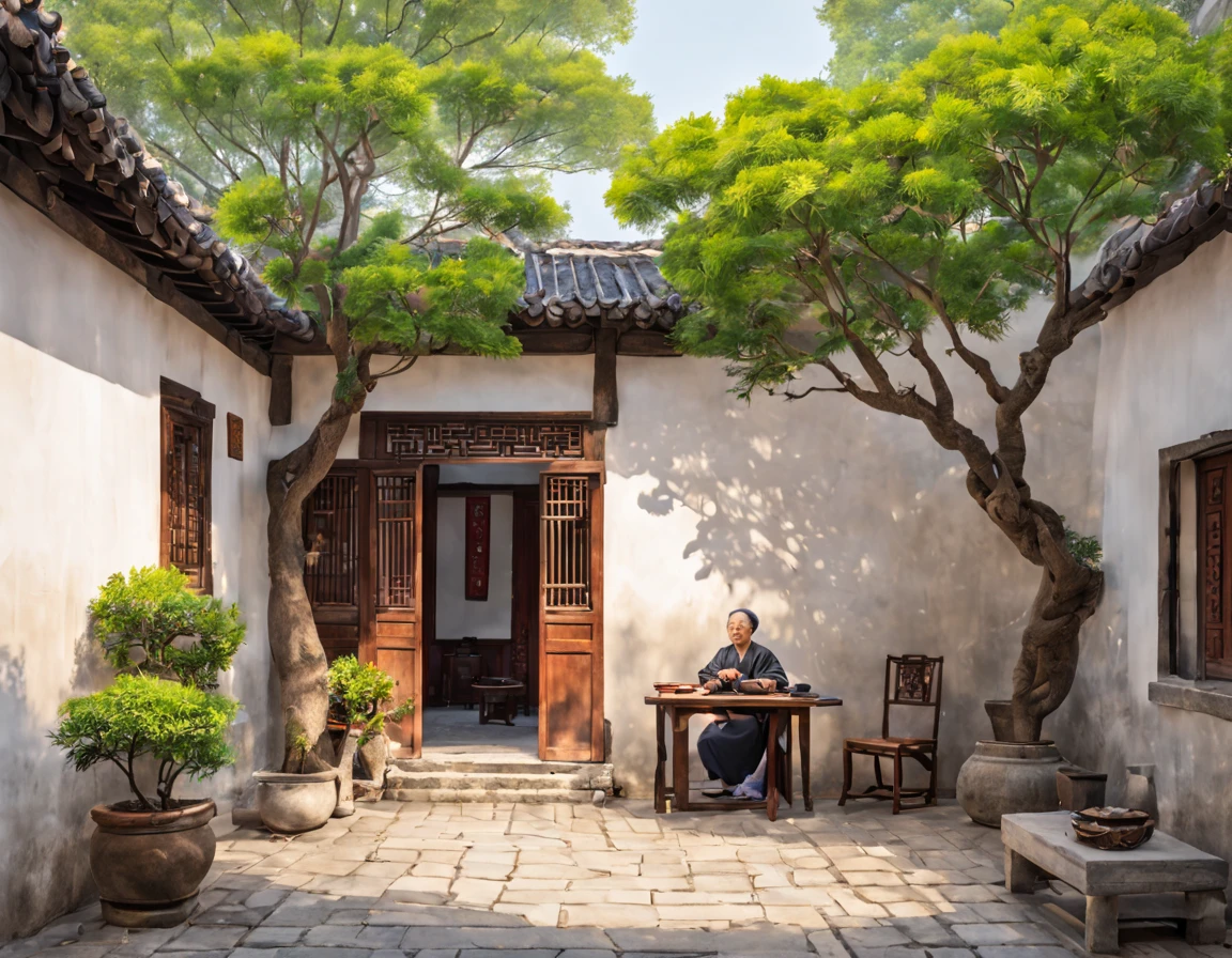 ancient china, Suzhou ancient house with an indoor yard, low white wall surrounding the yard, on the left side of the yard there is only a big crape myrtle tree, under the tree there are stone chairs and a table, there is an old woman sitting on the chair, spring morning