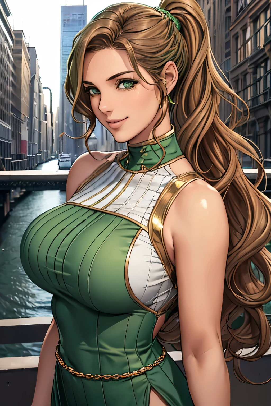 Female((30-years old)), hair((Wavy, Golden brown)), Eyes((smart Eyes, Green)), Clothes((New York Fashion Week, light Green)),  Smiling, Breast Out, Ponytail, Accessories,