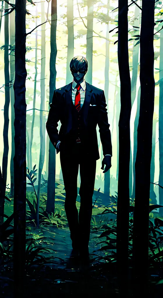 Slender man,black suit,black slacks,red necktie,in the dark forest,8K,Ultra Detail,ultra-quality,ultra precision,ultimate masute...