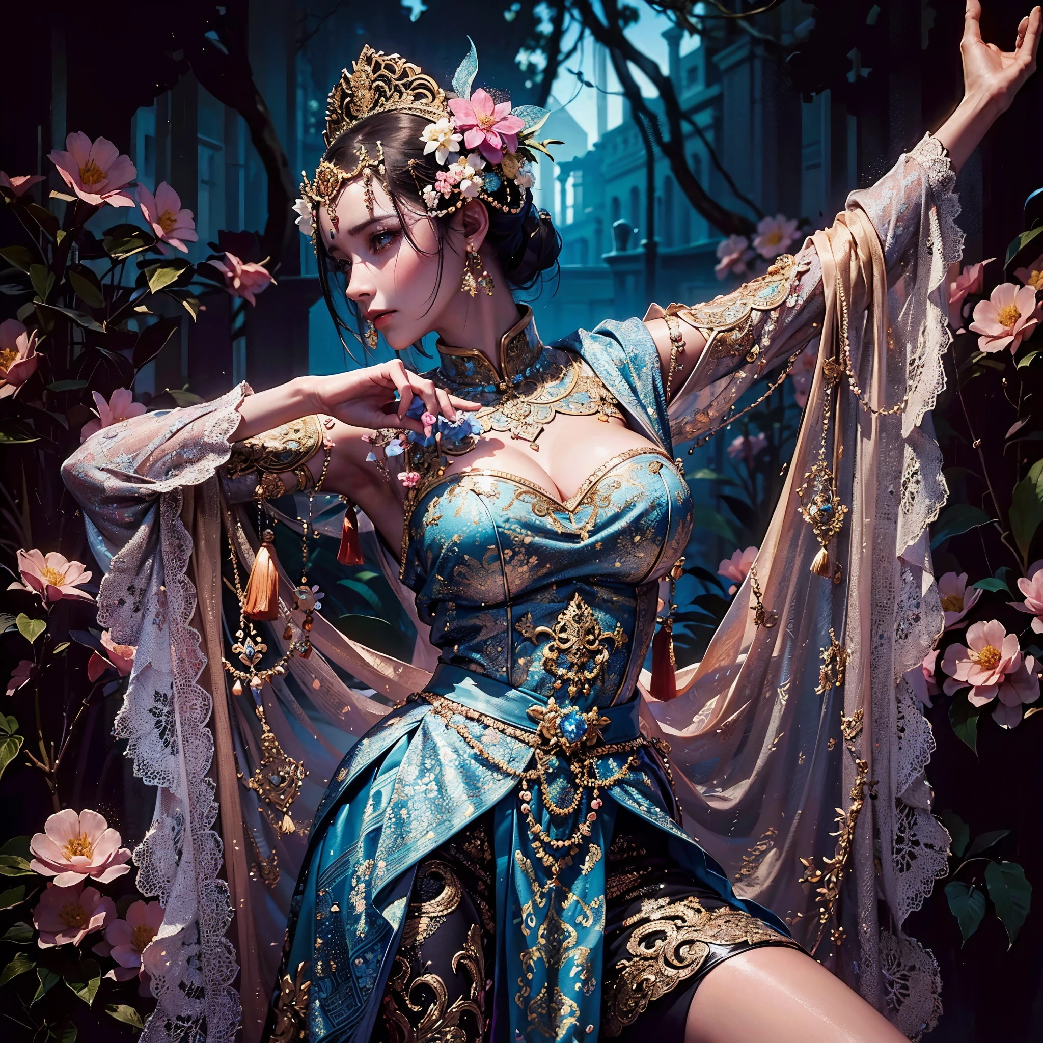 a woman with gigantic breast in a blue and pink outfit posing in a garden, wearing an ornate outfit, wearing ornate clothing, wearing ornate silk clothes, inspired by Rudy Siswanto, traditional beauty, ornate attire, intricate silk clothing, ornate clothing, beautiful oriental woman, ao dai, beautiful costume, by Basuki Abdullah, beautiful digital artwork, portrait shot, intricate outfit, masterpiece, best quality:1.2),,(8k,highres,RAW photo,realistic,photo-realistic:1.3),(detailed skin texture,detailed cloth texture,beautiful detailed face:1.25),professional lighting,photon mapping,beautiful soft light,radiosity,physically-based rendering,raytracing, model shoot style, model shoot style, (extremely detailed CG unity 8k wallpaper), full shot body photo of the most beautiful artwork in the world,