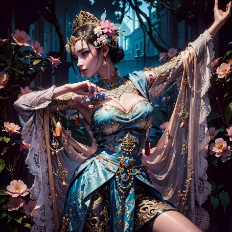 a woman with gigantic breast in a blue and pink outfit posing in a garden, wearing an ornate outfit, wearing ornate clothing, we...