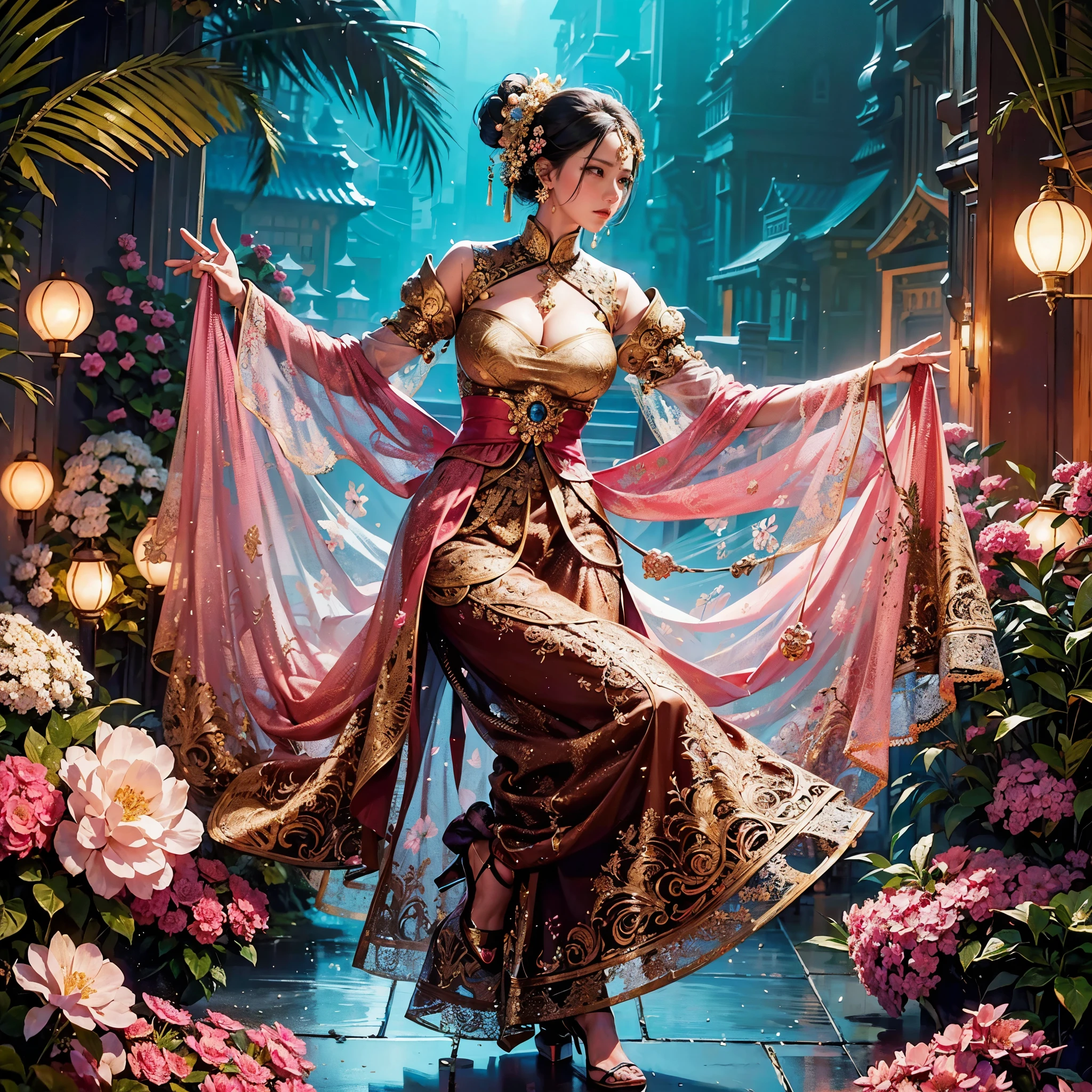 a woman with gigantic breast in a blue and pink outfit posing in a garden, wearing an ornate outfit, wearing ornate clothing, wearing ornate silk clothes, inspired by Rudy Siswanto, traditional beauty, ornate attire, intricate silk clothing, ornate clothing, beautiful oriental woman, ao dai, beautiful costume, by Basuki Abdullah, beautiful digital artwork, portrait shot, intricate outfit, masterpiece, best quality:1.2),,(8k,highres,RAW photo,realistic,photo-realistic:1.3),(detailed skin texture,detailed cloth texture,beautiful detailed face:1.25),professional lighting,photon mapping,beautiful soft light,radiosity,physically-based rendering,raytracing, model shoot style, model shoot style, (extremely detailed CG unity 8k wallpaper), full shot body photo of the most beautiful artwork in the world,