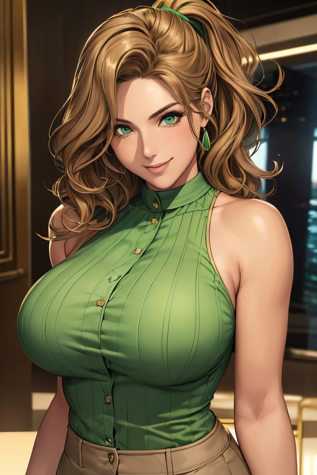 Female((30-years old)), hair((Wavy, Golden brown)), Eyes((smart Eyes, Green)), Clothes((New York Fashion Week, light Green)),  Smiling, Breast Out, Ponytail, Accessories,