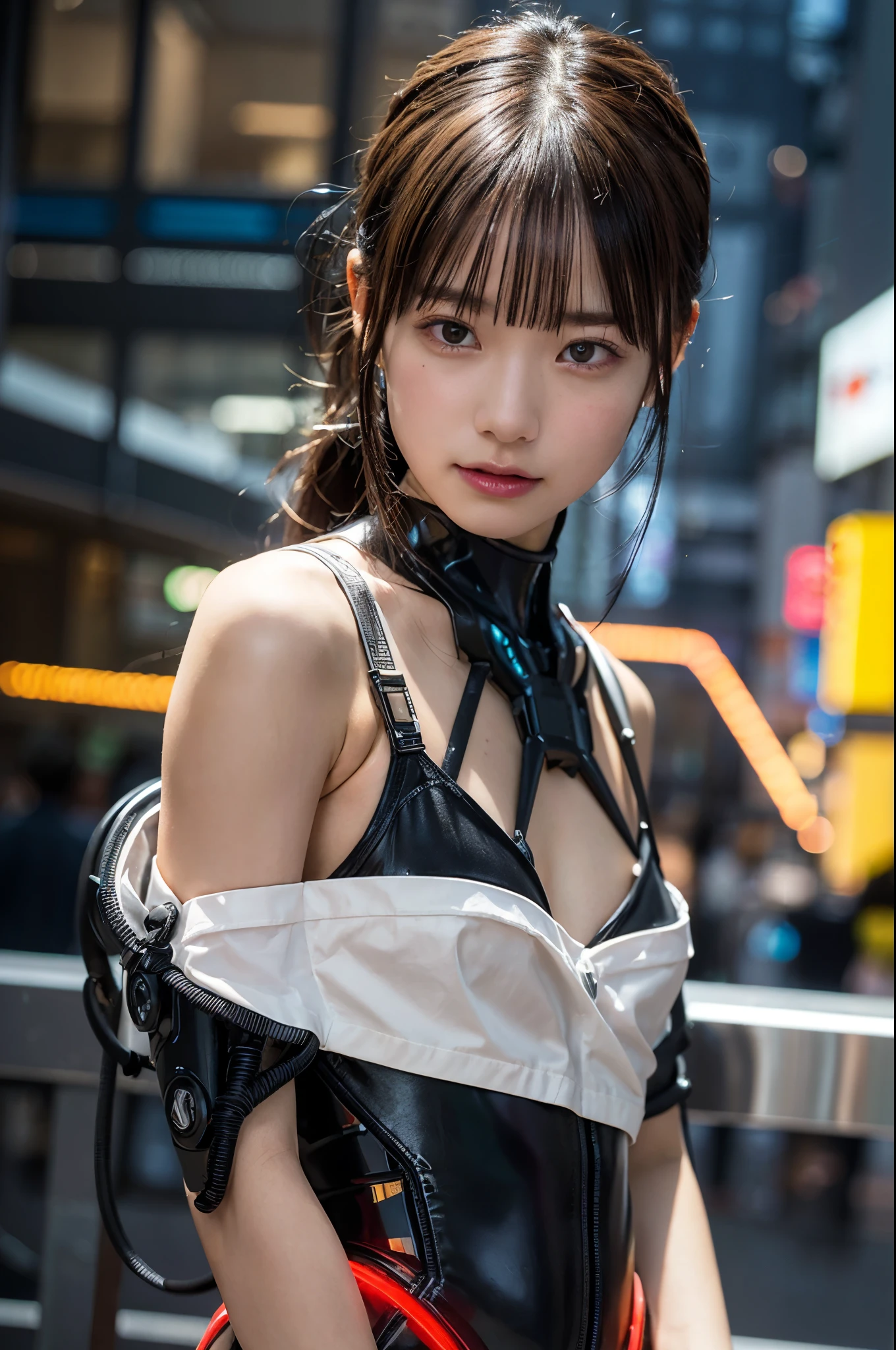 （Fight against mechanical robot soldiers）、top-quality、​masterpiece、超A high resolution、(Futuristic machine gun、Knivesを持つ),（Wearing futuristic glasses）、(Photorealsitic:1.4)、Raw photo、女の子1人、Black hair、glowy skin、((1 Mechanical Girl))、((super realistic details))、portlate、（Small LED lamp）、Wire tubes that glow all over the body、(With state-of-the-art weapons),globalillumination、Shadow、octan render、8K、Armpit、ultrasharp、Colossal tits、Small LED lamp、Raw skin is exposed in cleavage、metal container connected to a pipe、With weapons、Red bodysuit、Armpit、Cyberpunk city background、Details of complex ornaments、Japan details、highly intricate detail、Realistic light、CGSoation Trenlou Eyes、Eyes shining towards the camera、neon details、（Helmet of the Brave）、Mechanical rim blood vessels connected to tubes、Mechanical vertebrae attached to the back、mechanical cervical attaching to neck、Wires and cables connecting to the head、Gundam、Small LED lamp、Toostock、Toostock、Futuristic machine gun、Knives、(Silver Metallic Bodysuit),