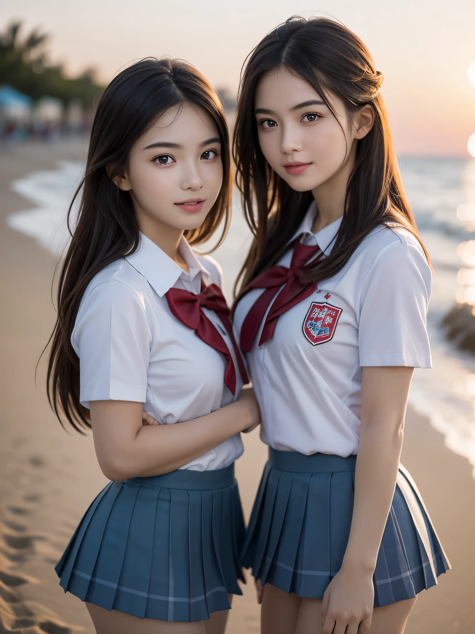 (2girls:1.3), (extremely detailed beautiful face), Amazing face and eyes, (Best Quality:1.4), (Ultra-detailed), (extremely detailed CG unified 8k wallpaper), Highly detailed, High-definition raw color photos, Professional Photography, Realistic portrait, Amazing face and eyes, Pink eyes, (High , Pleated mini-skirt:1.3), double buns, Brown hair, Model, shyly smile, depth of fields, Beach, Twilight, Sunset,