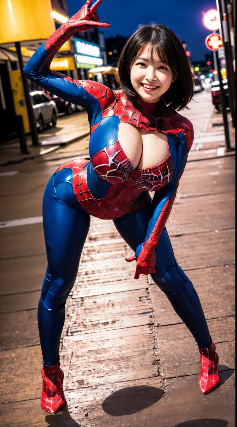 (in 8K、超A high resolution、Best Quality、masuter piece、Photorealsitic、The ultra -The high-definition)、(huge tit、爆乳、toned body、(Spider-Man costumes、Must be a full body suit、Hide all breasts)、New York City at night、Must have short black hair cut:1.35)A Japanes...