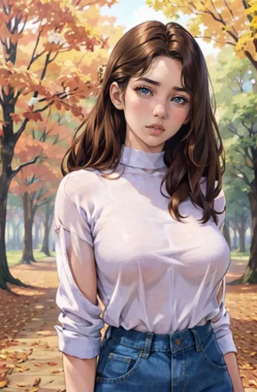 a girl in a high-neck sweater and jeans, standing in a park, surrounded by illustrations of trees and flowers. the girl has beau...