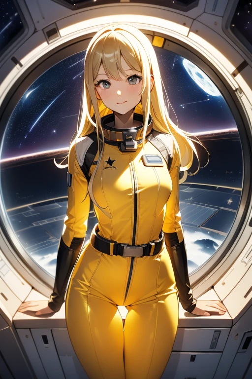 (masterpiece, best quality:1.2), (cowboy shot:1.1), solo, 1girl, mori yuki, slight smile, closed mouth, looking at viewer, blonde hair, thigh gap, yellow bodysuit, skin-tight, perfect body, belt, long blonde hair, large window, (starship porthole:1.3), from front, (spread legs:1.3), (standing:1.1), thigh gap, perfect hands, bright starship interior, (outer space view:1.1), (orbital view:1.3), (night, stary sky:1.5), milky way