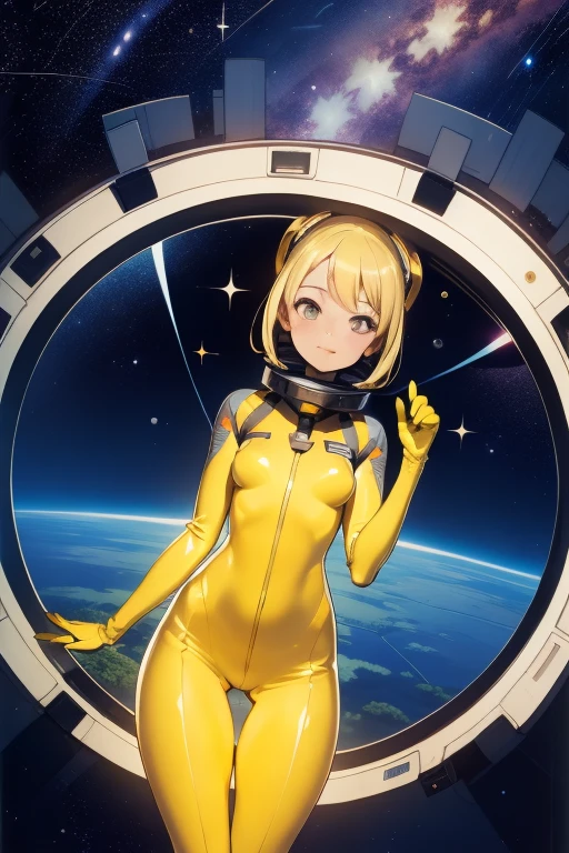 (masterpiece, best quality:1.2), (cowboy shot:1.1), solo, 1girl, mori yuki, slight smile, closed mouth, looking at viewer, blonde hair, thigh gap, yellow bodysuit, skin-tight, perfect body, belt, long blonde hair, large window, (starship porthole:1.3), from front, (spread legs:1.3), (standing:1.1), thigh gap, perfect hands, bright starship interior, (outer space view:1.1), (orbital view:1.3), (night, stary sky:1.5), milky way