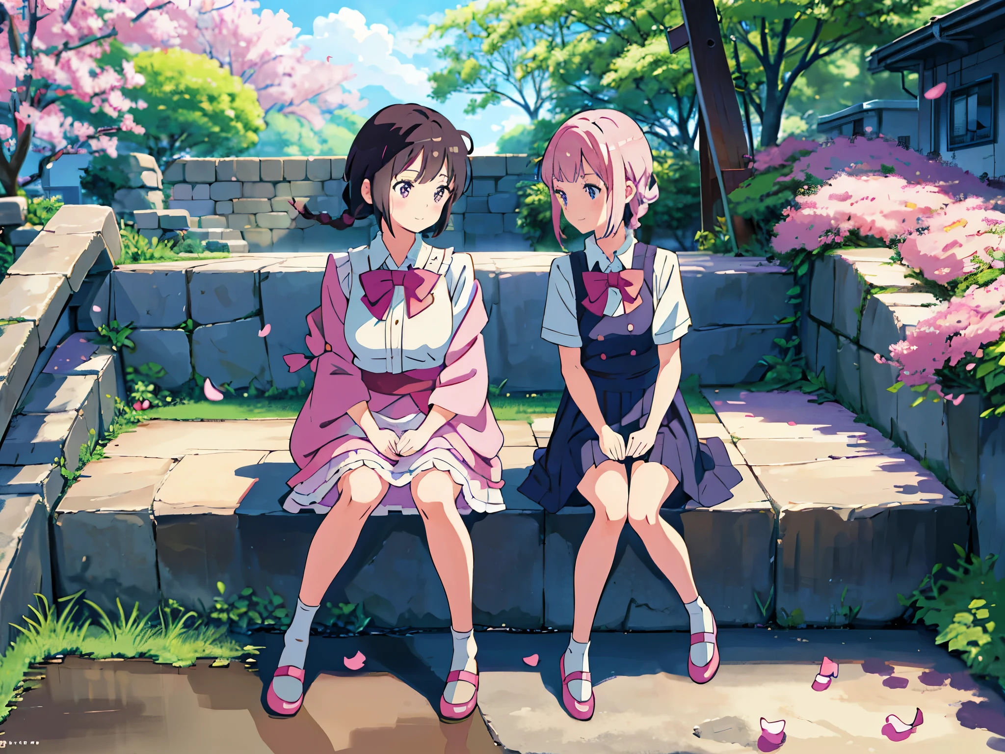 Anime characters sitting on a stone bench in a garden - SeaArt AI