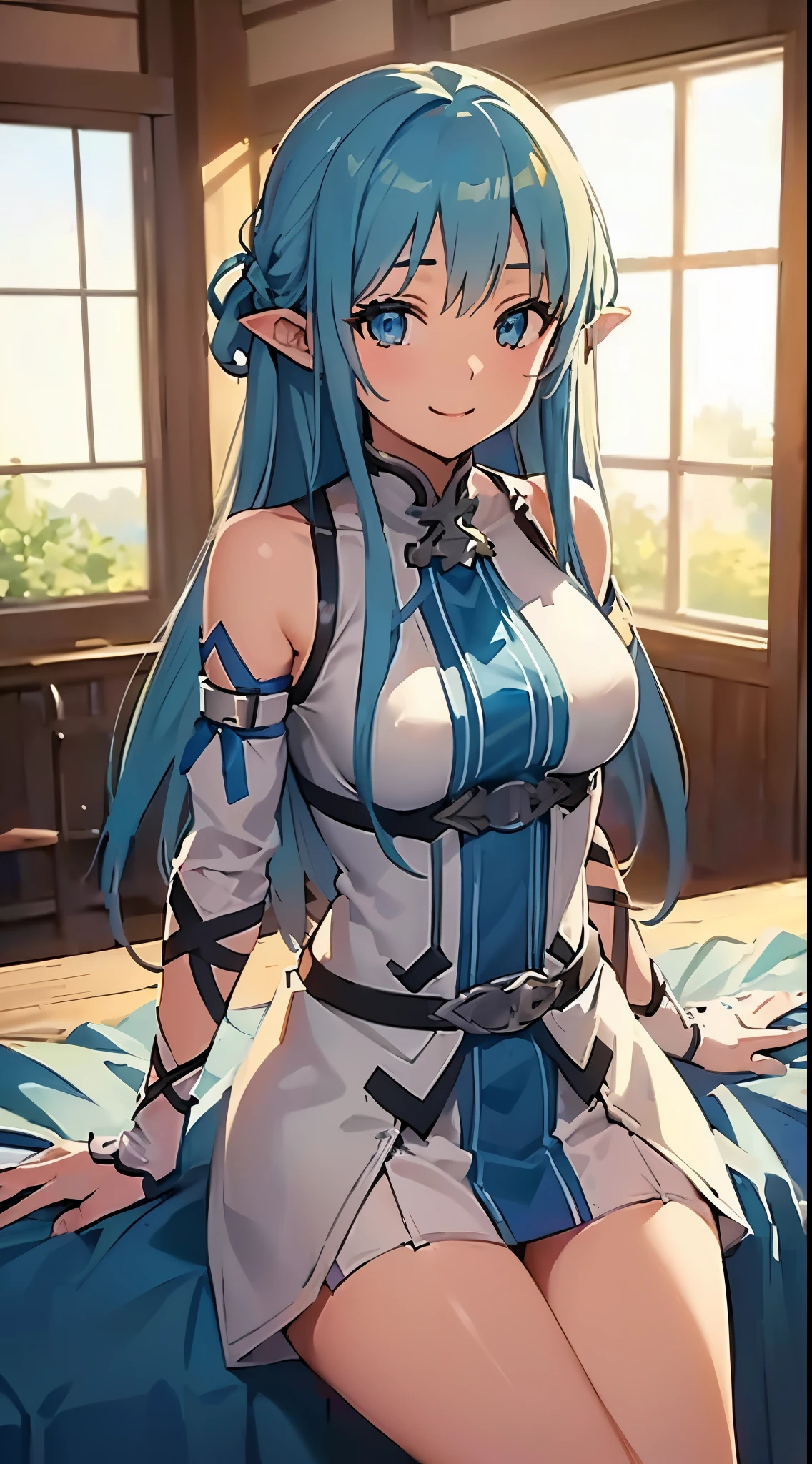 Anime girl with blue hair sitting on a bed in a room - SeaArt AI