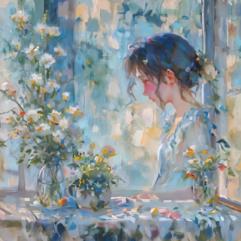 Topic details：The woman in the painting sits quietly by the window，Looking at the scenery outside through the window。The vase ne...