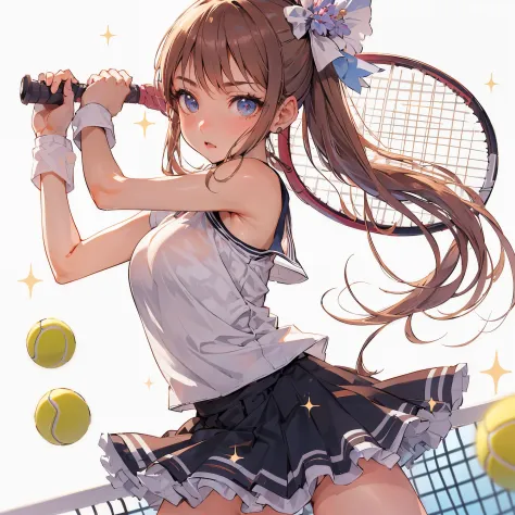 (Best Quality, masutepiece),ultra detailed photographic,1girl in, Female tennis athlete ,fluttering skirt,Large breasts,nice legs,At the tennis venue,Detailed beautiful face,Beautiful eyes,detailed hairs,detailed  clothes,Detailed realistic skin,Cool,Dynam...