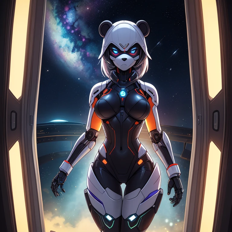 female, furry, metallic, robotic, android, robotic limbs,  anthro, panda, no clothes, small breasts, thin body, curved thighs, standing in bedroom , legs spread, in front of window, science fiction, stars, galaxy, star ships, at night, dim light, high quality, masterpiece,