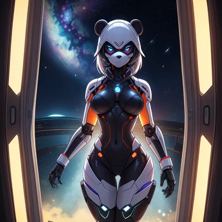 female, furry, metallic, robotic, android, robotic limbs,  anthro, panda, no clothes, small breasts, thin body, curved thighs, s...