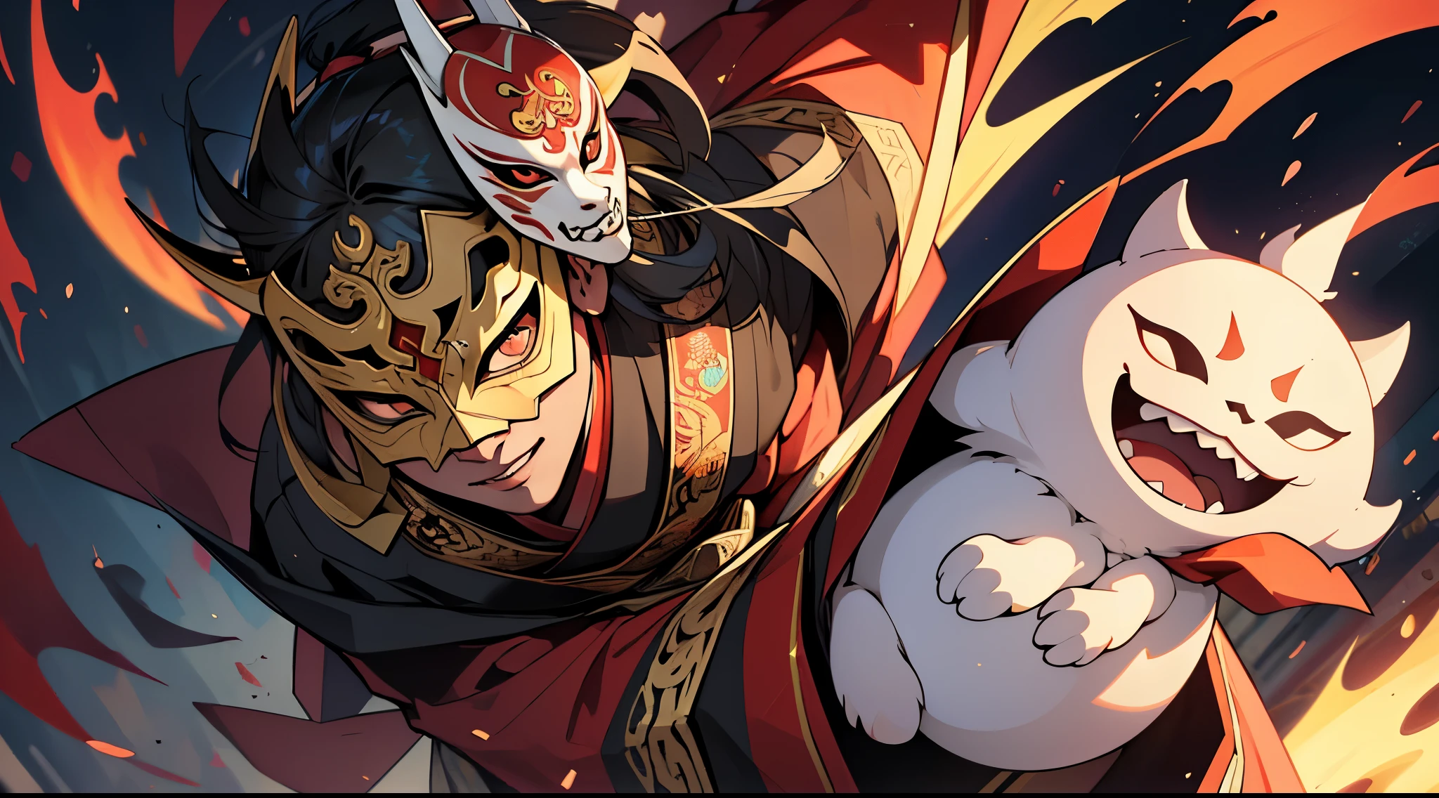 Anime character with a demon mask and a cat in a fire - SeaArt AI