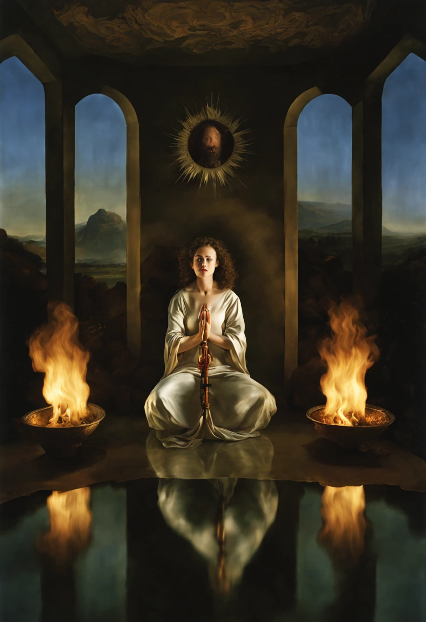 adoration, veneration, anticipation, ecstatic, excited, in love, Bettina Rheims shot, The holy saint of alchemists, sacred, fire, light rays, pagan saint, inri, full body shot, prayer