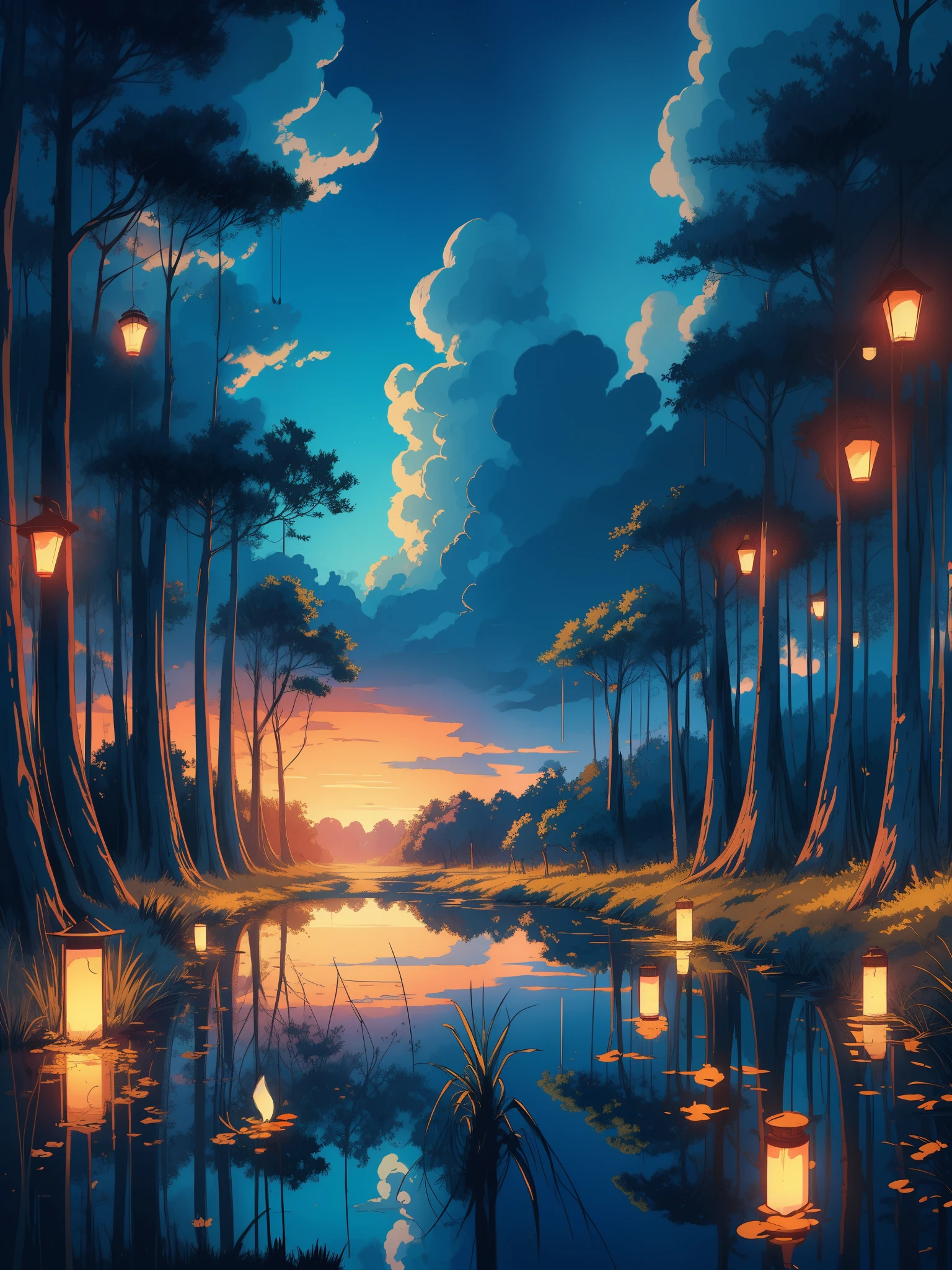 Draw an anime aerial lofi ghibli style scene of marsh in the forest, tropical, evening, conceptual, reflection, lanterns, bald cypress trees, natural color tones, cloudy blue magical sky, beautiful color palette, vibrant saturated colors, masterpiece, cinematic cloudy sky, no human