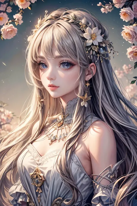 (best quality,8K,CG),detailed upper body,solitary girl,floral forest background,complex facial features,elegant long curly hair,almond-shaped big eyes,detailed eye makeup,long eyelashes,twinkling stars,exquisite lip details,soft and harmonious style.