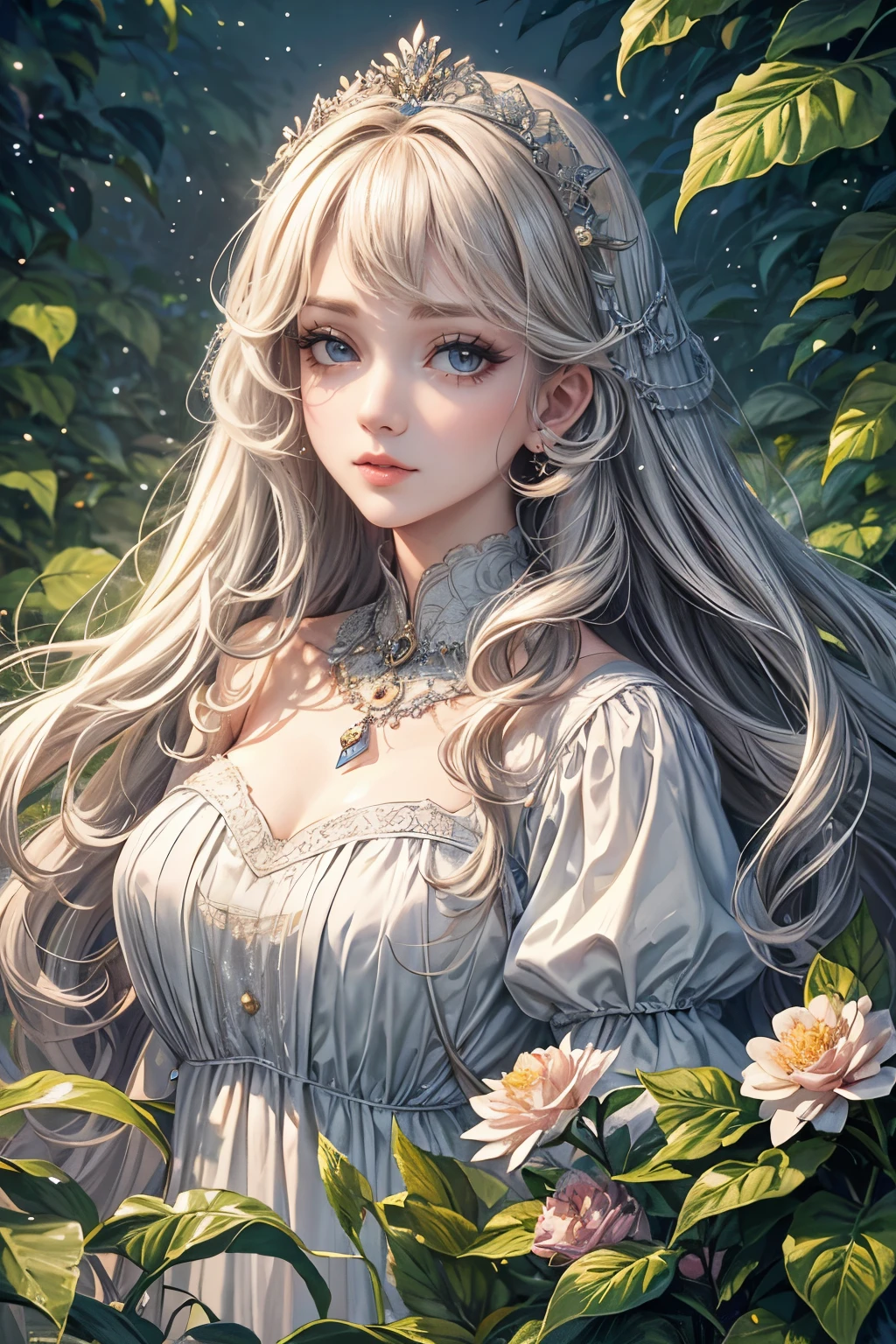 (best quality,8K,CG),detailed upper body,solitary girl,floral forest background,complex facial features,elegant long curly hair,almond-shaped big eyes,detailed eye makeup,long eyelashes,twinkling stars,exquisite lip details,soft and harmonious style.