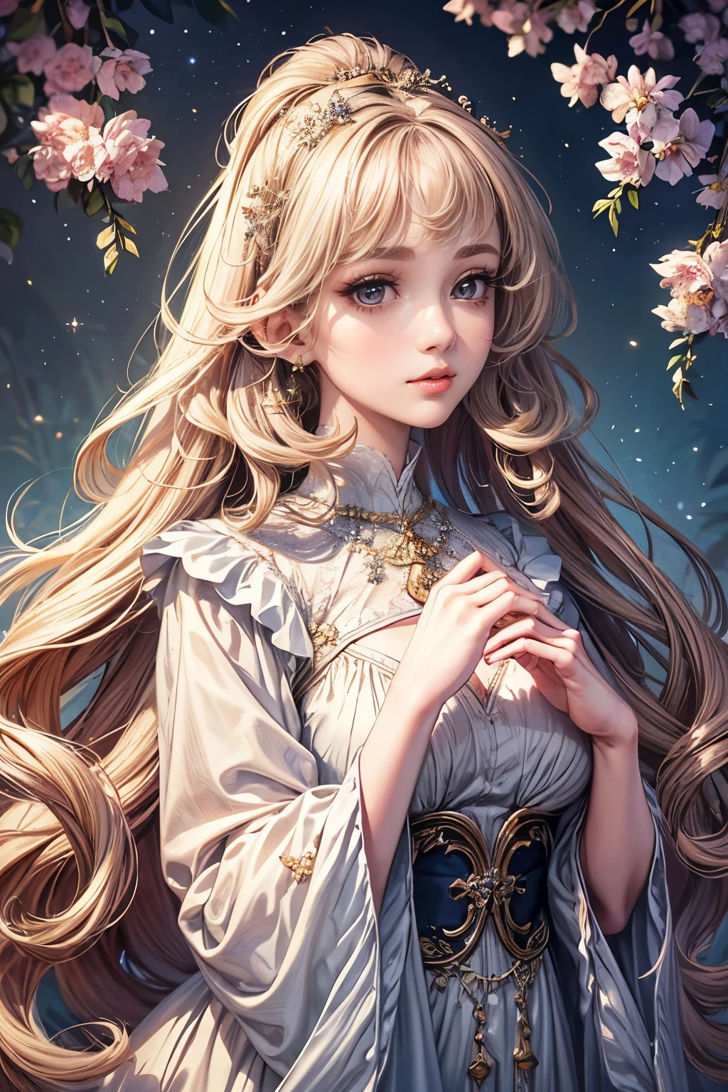 (best quality,8K,CG),detailed upper body,solitary girl,floral forest background,complex facial features,elegant long curly hair,almond-shaped big eyes,detailed eye makeup,long eyelashes,twinkling stars,exquisite lip details,soft and harmonious style.