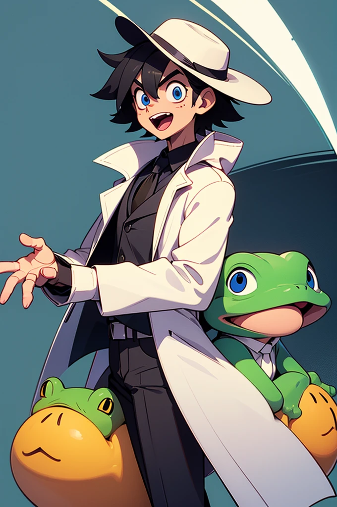 twinsies,Two men,Train conductor,one person is wearing a white coat,one person is wearing a black coat,Track background,Pointing Pose,Two people back to back,Big eyes,Light blue eyes,Big mouth,The mouth of the character to,Conductor's hat,Big hat,white glove,neck tie,frog-like face