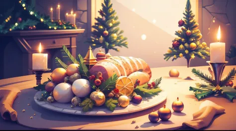 a {hyper realistic}, {best quality}, {8k}, {true life}, {masterpiece}, of a (((Lavish Christmas Feast))), ((low angle view)), turkey platter, ham platter, roast platter, berries, vegetables, fine cutlery, (golden goblets), (golden candle stands) ((bokeh ef...