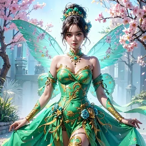 a fairy with gigantic breast in a green outfit posing in a garden, wearing an ornate outfit, wearing ornate clothing, wearing or...