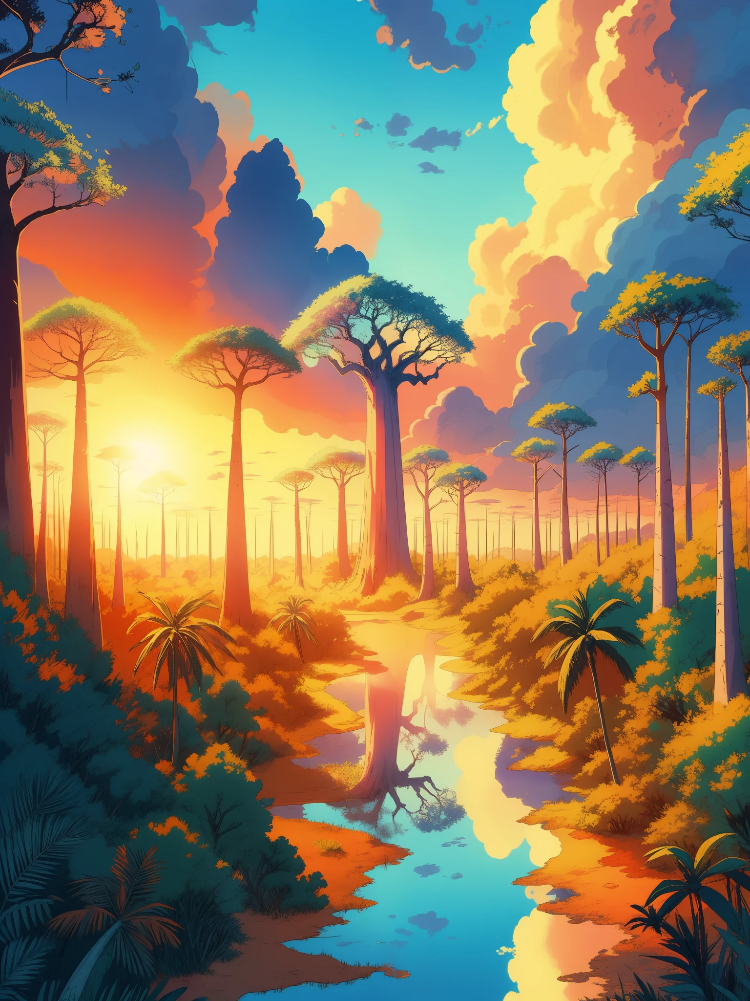 Draw an anime aerial lofi ghibli style scene of madagascar forest with wilderness, baobab trees, sunset, reflection in pond, natural color tones, cloudy blue magical sky, beautiful color palette, vibrant saturated colors, masterpiece, cinematic cloudy sky, no human