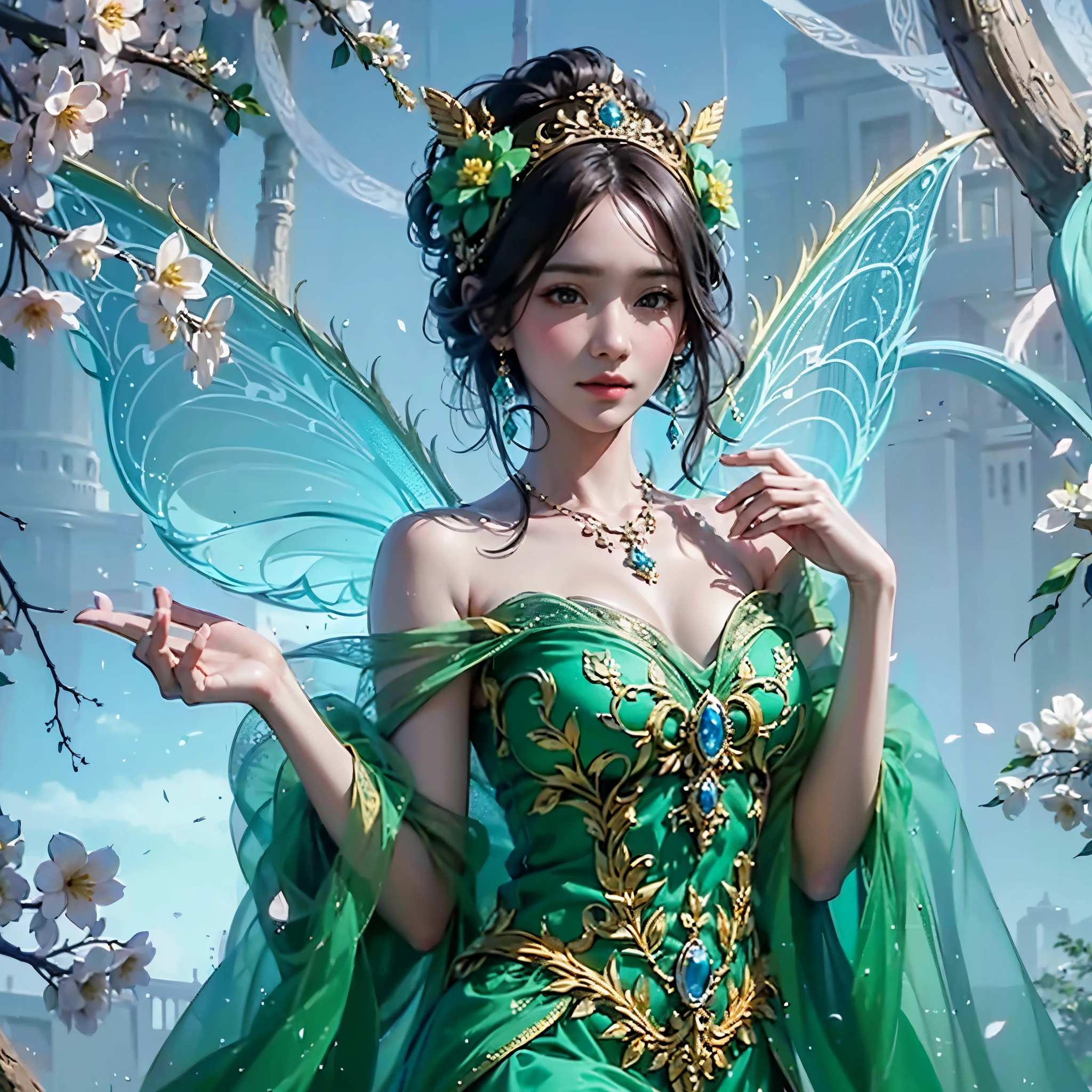 a fairy with gigantic breast in a green outfit posing in a garden, wearing an ornate outfit, wearing ornate clothing, wearing ornate silk clothes, inspired by Rudy Siswanto, traditional beauty, ornate attire, intricate silk clothing, ornate clothing, beautiful oriental woman, ao dai, beautiful costume, by Basuki Abdullah, beautiful digital artwork, portrait shot, intricate outfit, masterpiece, best quality:1.2),,(8k,highres,RAW photo,realistic,photo-realistic:1.3),(detailed skin texture,detailed cloth texture,beautiful detailed face:1.25),professional lighting,photon mapping,beautiful soft light,radiosity,physically-based rendering,raytracing, model shoot style, model shoot style, (extremely detailed CG unity 8k wallpaper), full shot body photo of the most beautiful artwork in the world,