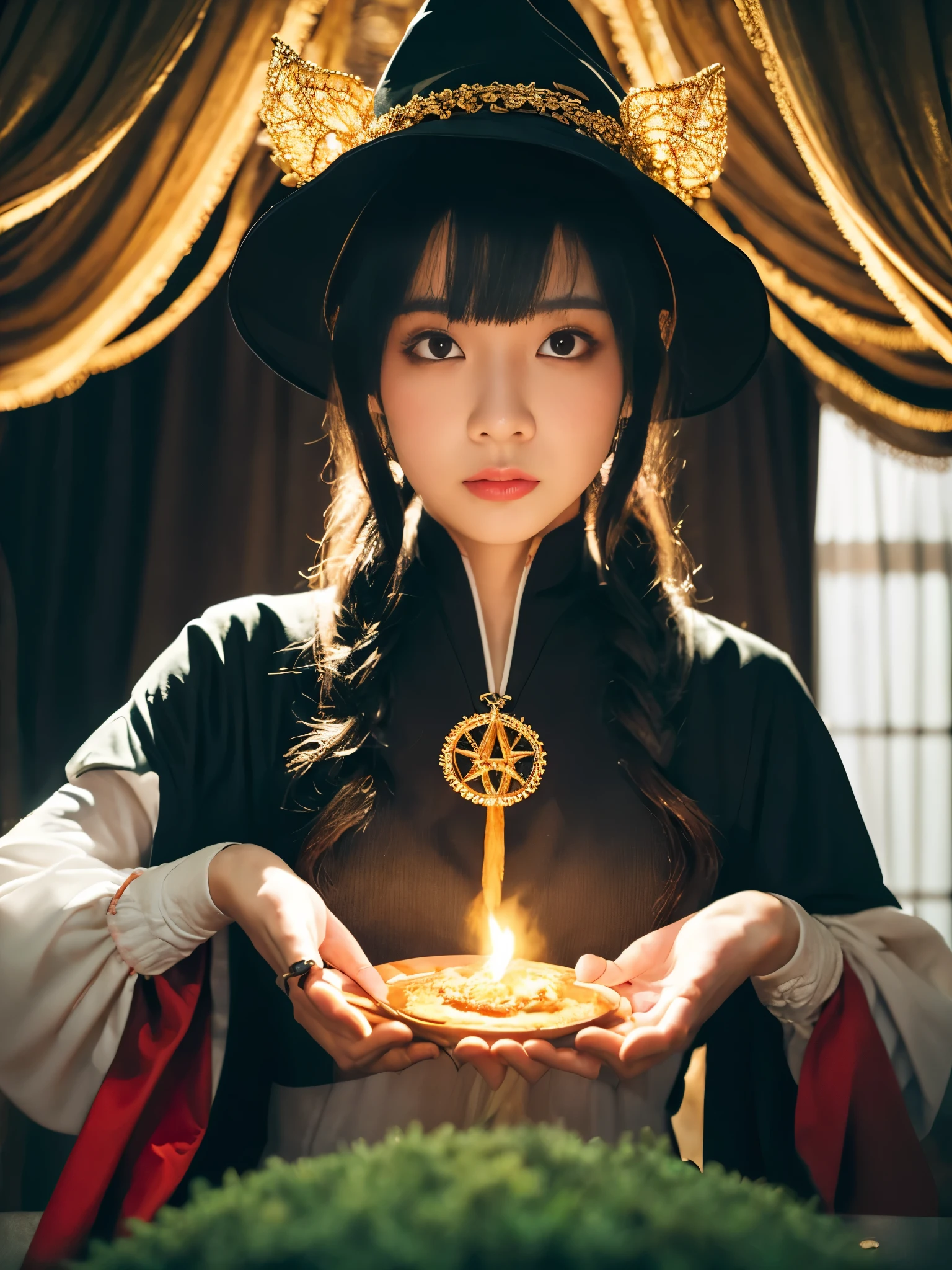 1girl in, (witchcore, witchcraft, pagan, Mystical, Nature, occult) , magician, spell magic, Magic Circle, ((magic in hand)),(masutepiece, Best Quality:1.4),(absurderes, hight resolution, ultra-detailliert:1.2),(using dark magic:1.4), imaginative overlays, artistic fusion,fantastical scenes, evocative narratives, striking visuals, Upper body ，(((Best Quality))),(((ultra-detailliert))),(((masutepiece)))