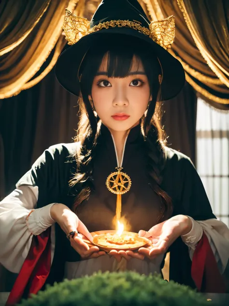 1girl in, (witchcore, witchcraft, pagan, mystical, nature, occult) , magician, spell magic, magic circle, ((magic in hand)),(mas...