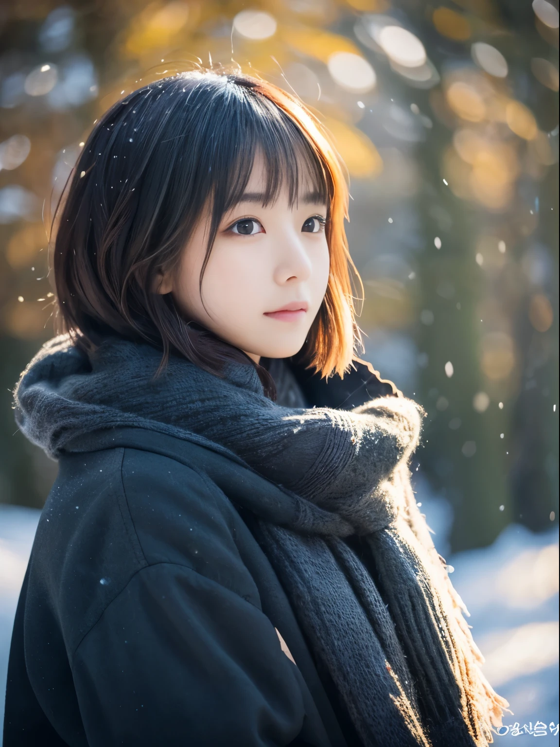 top-quality、​masterpiece、超A high resolution、Raw photography、(Photorealsitic:1.4)、1 girl、While watching the snow falling quietly. Her introspective and tearful expression、Makes you feel longing and melancholy for winter nights。。。。。。。。、top-quality、hyper HD、Yoshitomo Nara, Japanese Models, Beautiful Japan wife, With short hair, 27yo female model, 4 K ], 4K], 27yo, sakimichan, sakimichan