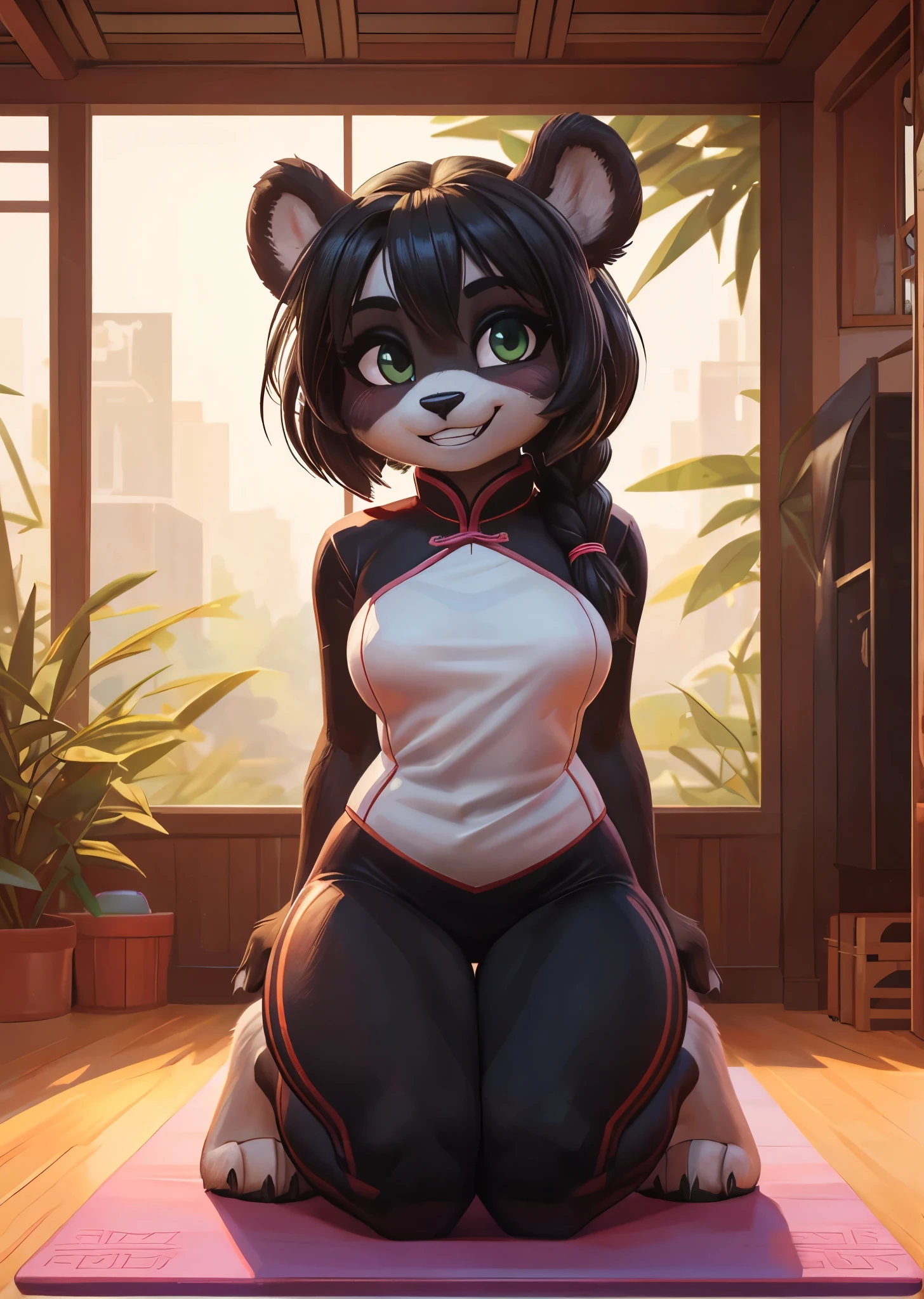 [Yaya Panda], [Uploaded to e621.net; (Pixelsketcher), (wamudraws)], ((masterpiece)), ((HD)), ((solo portrait)), ((full body)), ((front view)), ((feet visible)), ((furry; anthro)), ((detailed fur)), ((detailed shading)), ((beautiful render art)), ((intricate details)), {anthro panda; (black fur), (white fur), black nose, (cute green eyes), (short eyelashes), black hair, braided ponytail, (curvy hips), (beautiful legs), (beautiful paws), (blushing), (cute grin)}, {(chinese clothing), (green shirt), (red yoga pants)}, {(on yoga mat), (kneeling), (looking at viewer)}, [background; (bamboo forest), (living room), (window), (blue sky), (cloudy)]