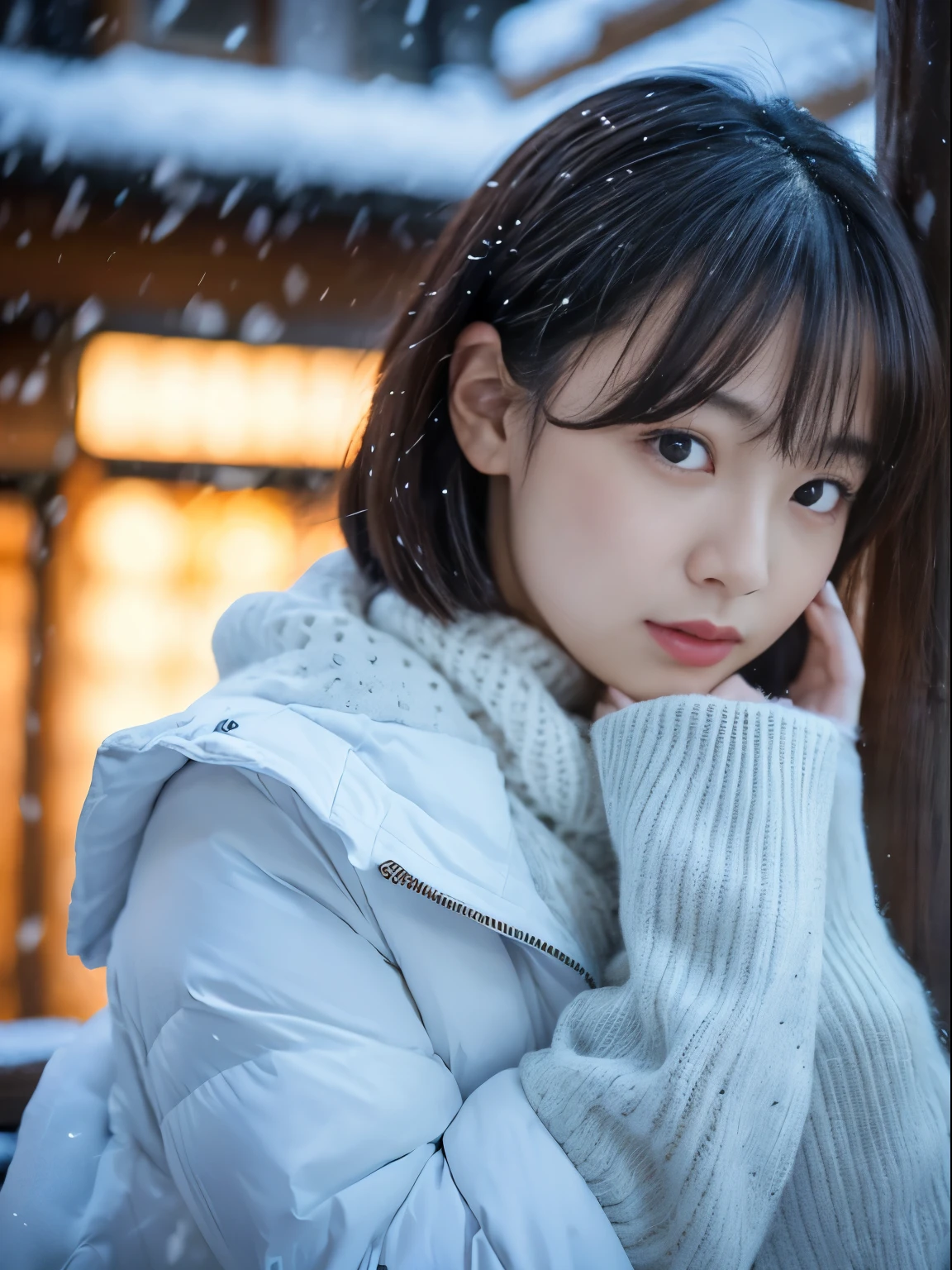 While watching the snow falling quietly. Her introspective and tearful expression、Makes you feel longing for winter nights and melancholy。。。。。。。、top-quality、hyper HD、Yoshitomo Nara, Japanese Models, Beautiful Japan wife, With short hair, 27yo female model, 4 K ], 4K], 27yo, sakimichan, sakimichan