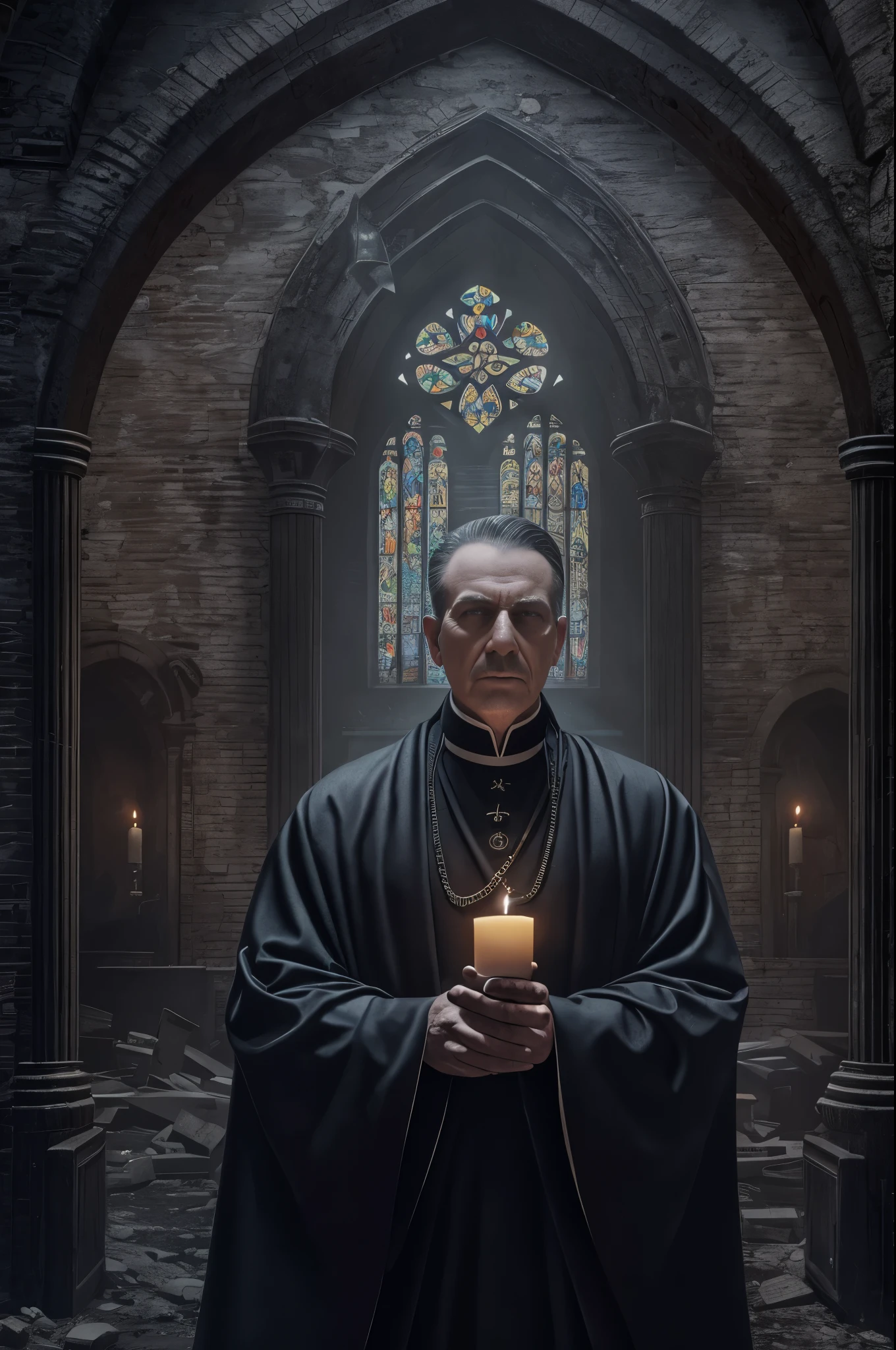 (a dystopian cult leader, goth priest, abandoned church background),oil painting, dramatic lighting, ominous atmosphere, haunting details, best quality, ultra-detailed, realistic, portraits, desaturated tones, candlelit shadows, foggy ambiance, cracked stained glass, decaying walls, eerie silence, mysterious symbols