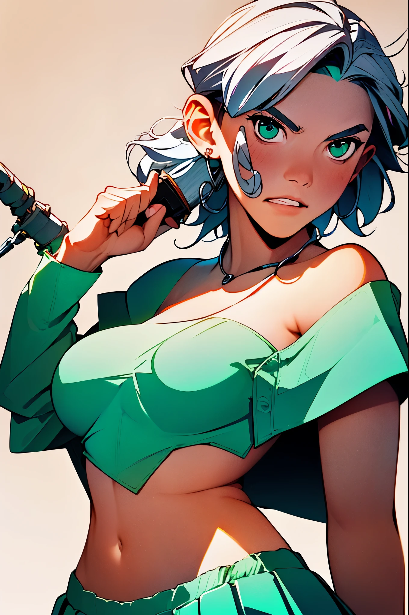 girl, (skimpy:1.2), (Neon,Plain Background:1.4),Skinny,Flat Chest,Leaning Forward,Very Short Hair,Ponytail,(silver Tube Top,cyan Skirt:1.3),Yu-Gi-Oh,Priest ,(masterpiece,detailed,highres:1.4)