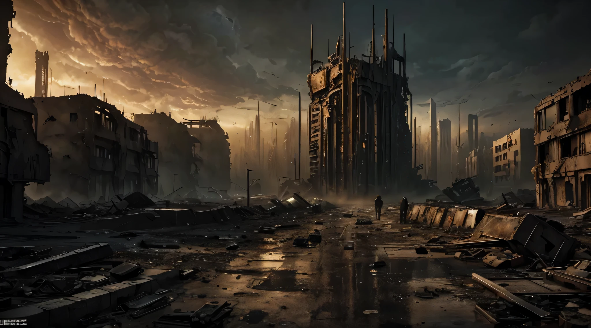 Create dystopian masterpieces，Depict the destroyed futuristic cityscape in a gritty game concept art style. The artwork should evoke a sense of futuristic desolation and despair, post apocalyptic world. Keep an eye on the intricacies of detail, Sharp focus, and a highly detailed description of the ruined city. Take inspiration from the artistic styles of Wayne Barlow and Zdislav Beksiński. Deliver this image in movie view format, Show the bleak beauty of this decaying world.