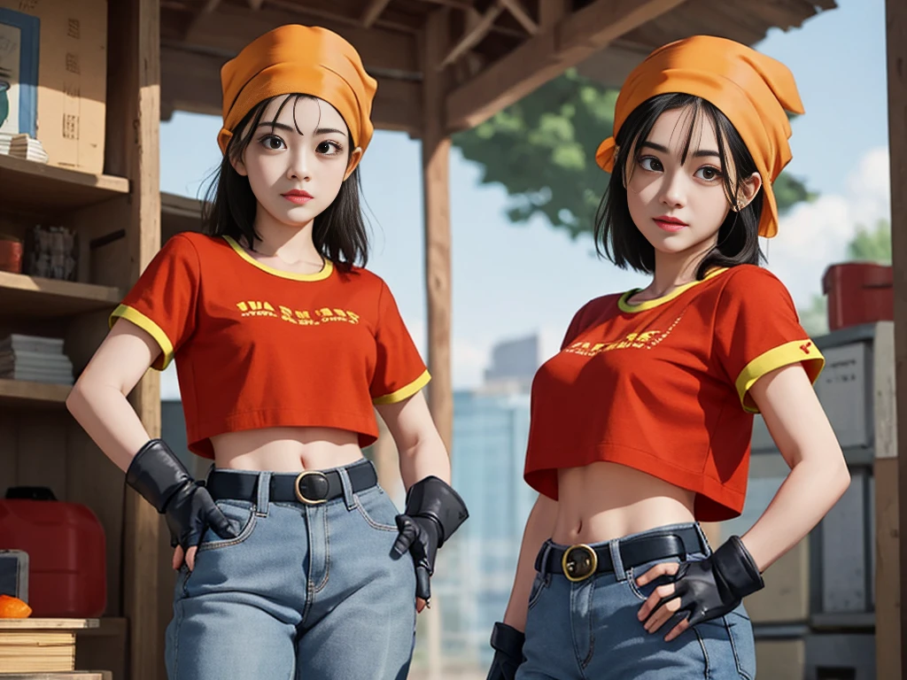 masterpiece, best quality, highest quality, photorealistic, perfect anatomy, perfect face, perfect eyes,
pandballgt, 1girl, black eyes, black hair, short hair, orange bandana, pants, fingerless gloves, red shirt,standing