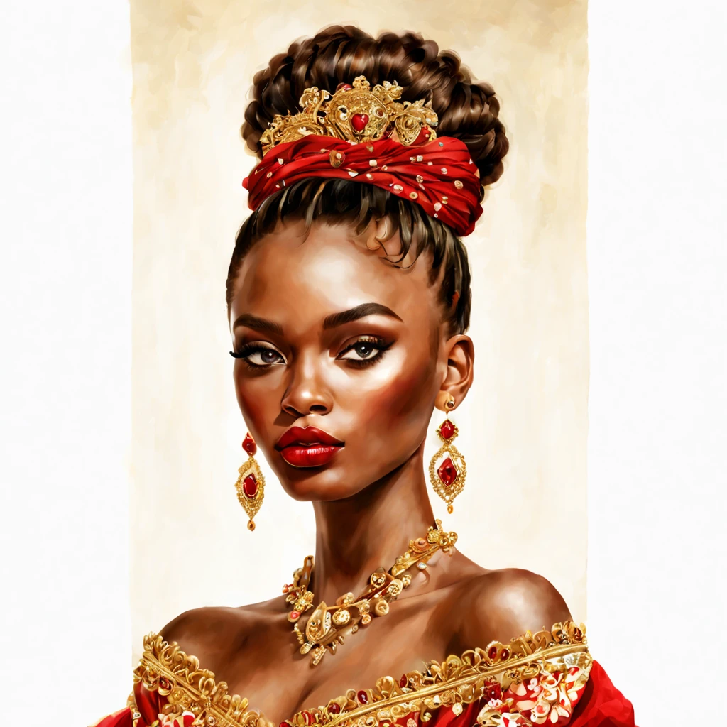 Beautiful girl, luxury makeup, hair in a bun, beautiful, bohemian, chic, realistic, Dolce&Gabbana style, African style, red, gold, black, diamonds, gems, smoke, swirls, filigree, octane, Large