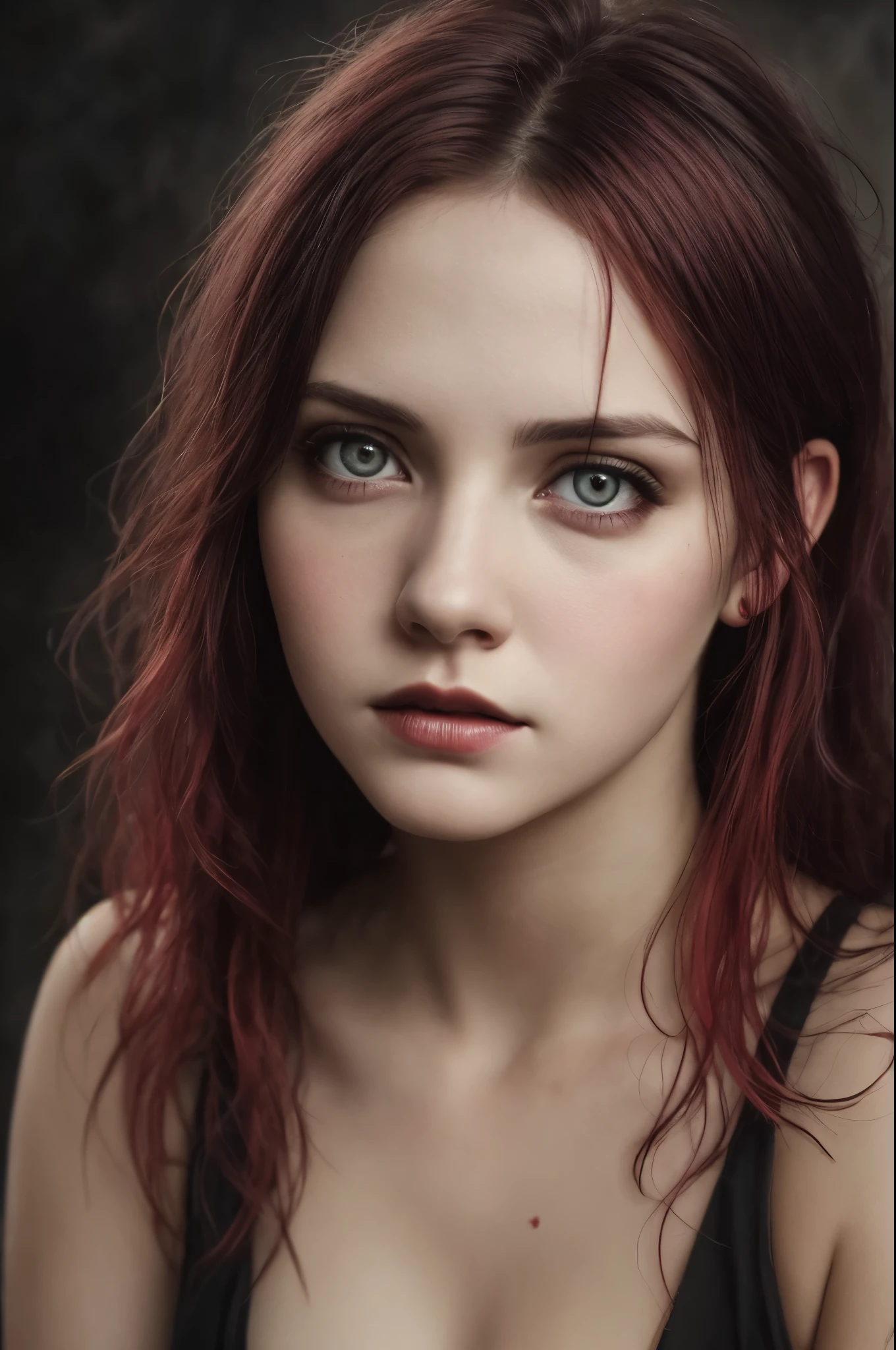 (Realisttic:1.2), analog photo style, cute woman with short black-red multicolored hair, red eyes, (Gloomy and dark atmosphere), soft natural light, faded colours, sexy, great quality, Masterpiece, detailed fantasy background, better performance, 16k quality, HDR, RAW photo