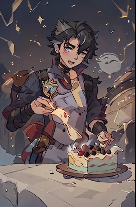(wriothesly from Genshin impact) , (1 man ) young , Slightly muscular body type, black short haircut , happy face expression , home clothes,(((party hat))), (cooking cake) , kitchen, (Masterpiece), (high quality)