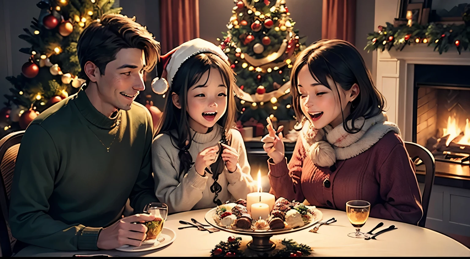 Imagina una escena cálida y acogedora en un hogar decorado para Navidad.. Una mesa festivamente preparada está llena de manjares, rodeados de miembros de la familia que se reúnen con sonrisas sinceras. La luz suave de las velas crea un ambiente íntimo, mientras el árbol de Navidad al fondo brilla con luces de colores y adornos centelleantes.

La familia comparte momentos de alegría y agradecimiento alrededor de la mesa., reunirse para disfrutar de una comida que es más que solo alimentar el cuerpo; es nutrir el espíritu. Las felices expresiones reflejan el amor compartido y la profunda conexión que caracterizan las celebraciones navideñas..

Detalles cuidadosamente considerados, como servilletas adornadas y vasos brillantes, aumentar el ambiente festivo. Los niños emocionados intercambian miradas emocionadas mientras los adultos intercambian historias y risas. La escena es un testimonio de la belleza de la unión familiar durante la temporada navideña.

Esta imagen transmite la esencia de la Navidad, destacando la importancia de los vínculos familiares y la celebración compartida en un ambiente lleno de alegría y amor.