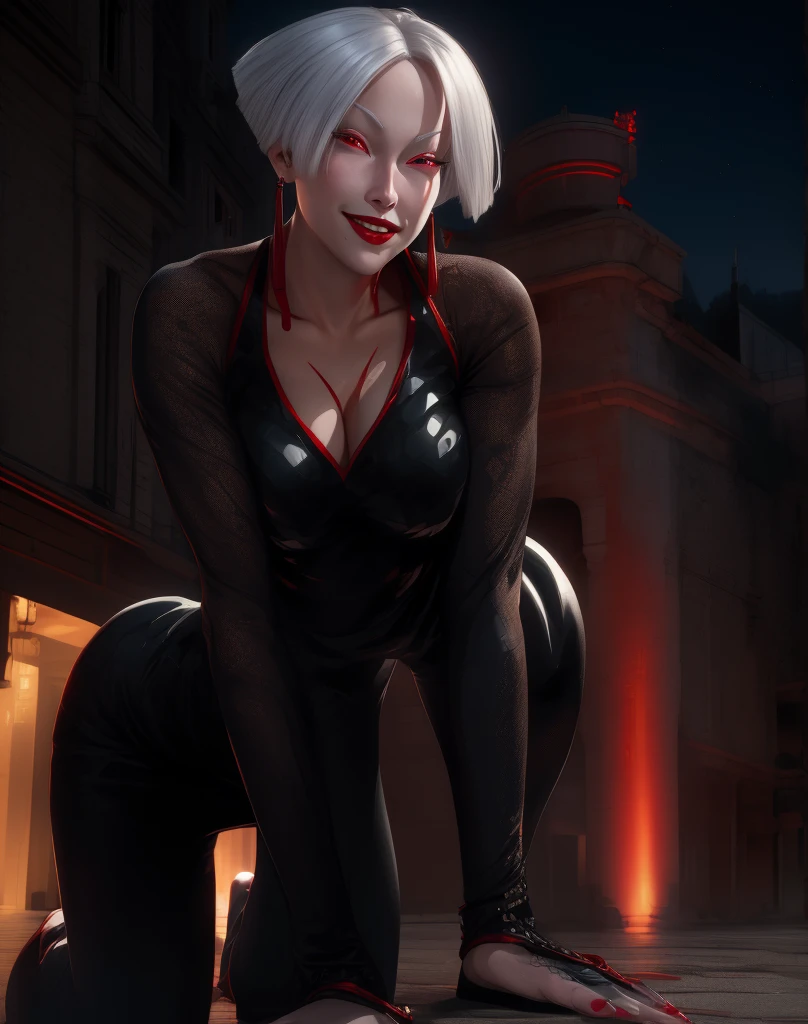 AKI, white hair,  red eyes, red lips, red earrings, 
black dress,  long sleeves,  covered nipples,  smile,  all fours,  outdoors, night,  restaurant, 
(insanely detailed, beautiful detailed face, masterpiece, best quality) cinematic lighting,(solo:1.6),