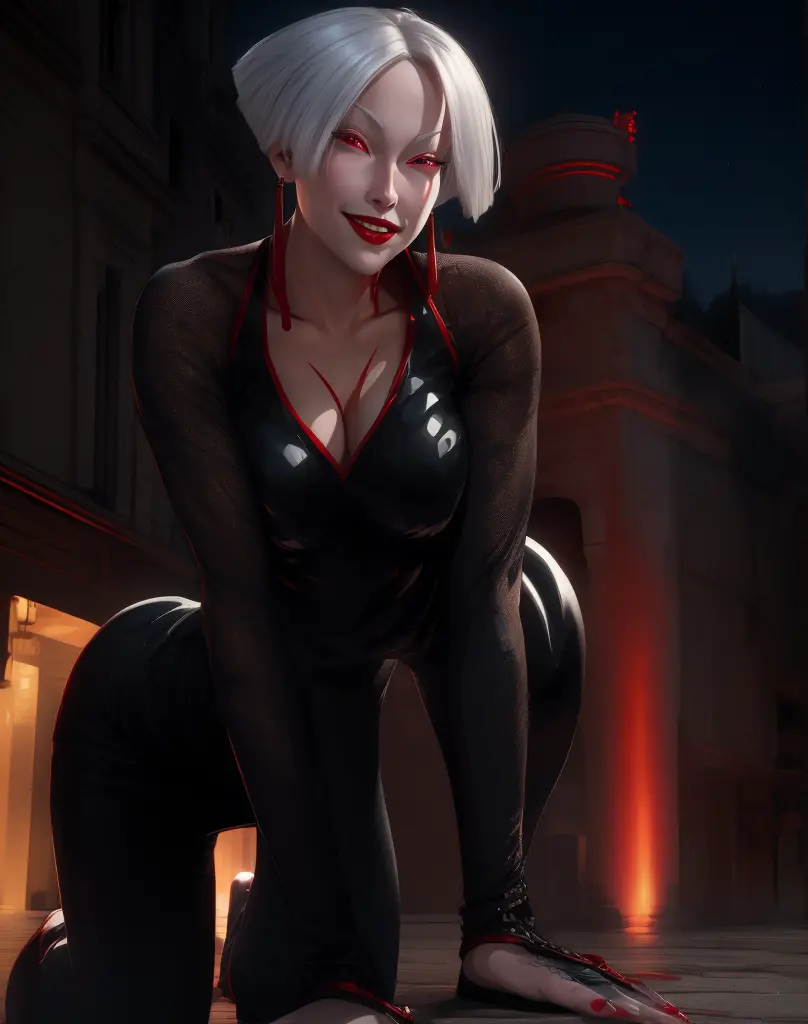 aki, white hair,  red eyes, red lips, red earrings, 
black dress,  long sleeves,  covered nipples,  smile,  all fours,  outdoors...