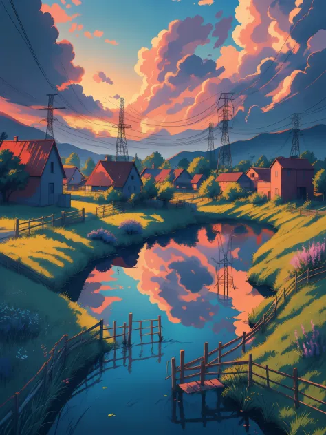 draw anime lofi aerial scene pond in grassland, reflection, fencing, electricity towers, village life, wildflowers, natural colo...