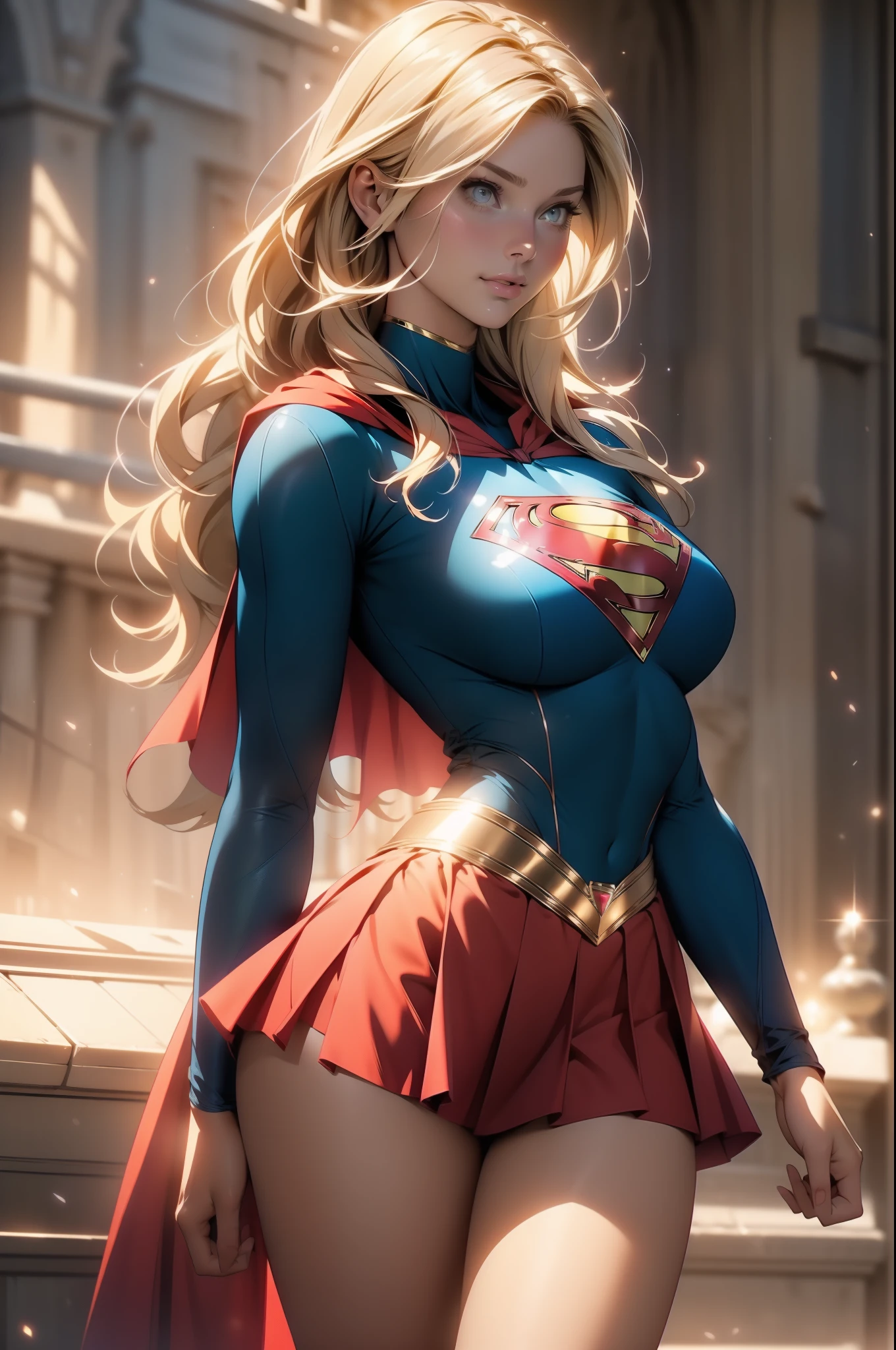 nsfw: 1.5, masterpiece, best quality, high quality, high definition, high quality textures, high quality shadows, high definition, beautiful detail, highly detailed CG, detailed textures, realistic representation of faces, realistic, colorful, delicate , cinematic lights, side lights, lens flares, ray tracing, sharp focus, supergirl, ((best quality, masterpiece, absurd, 8k)), 1 girl, solo, 21 years old,Supergirl(Helen Slater), huge breasts, huge breasts, long hair down to her hips, long hair,low hair, voluminous hair, white skin tone, green eyes, sparkling expressive eyes, huge breasts, she is supergirl, Supergirl  , japanese sailor  female  Supergirl, costume female school,stocking 7/8 ,superman suit, blushing, embarrassed expression, shy smile, building terrace, daytime, pretty, young woman, hands behind) (1girl, __focus__:1.3), (intricate details, makeup , PureErosFace_V1:0.5), (delicate beautiful face with details, Delicate eyes beautiful in details, perfect face proportions, dense skin, ideal proportion of four fingers and one thumb, arms under the chest, huge breasts, miniskirt,upskirt,wide hips, flat upper abdomen , thin, dressed, blonde: 1.3), bed, no hands, perfect eyes, detailed eyes, show midriff, sexy, cleavage