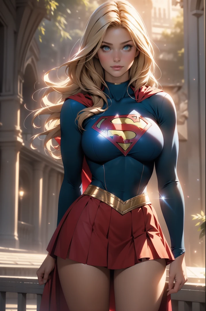 nsfw: 1.5, masterpiece, best quality, high quality, high definition, high quality textures, high quality shadows, high definition, beautiful detail, highly detailed CG, detailed textures, realistic representation of faces, realistic, colorful, delicate , cinematic lights, side lights, lens flares, ray tracing, sharp focus, supergirl, ((best quality, masterpiece, absurd, 8k)), 1 girl, solo, 21 years old,Supergirl(Helen Slater), huge breasts, huge breasts, long hair down to her hips, long hair,low hair, voluminous hair, white skin tone, green eyes, sparkling expressive eyes, huge breasts, she is supergirl, Supergirl  , japanese sailor  female  Supergirl, costume female school,stocking 7/8 ,superman suit, blushing, embarrassed expression, shy smile, building terrace, daytime, pretty, young woman, hands behind) (1girl, __focus__:1.3), (intricate details, makeup , PureErosFace_V1:0.5), (delicate beautiful face with details, Delicate eyes beautiful in details, perfect face proportions, dense skin, ideal proportion of four fingers and one thumb, arms under the chest, huge breasts, miniskirt,upskirt,wide hips, flat upper abdomen , thin, dressed, blonde: 1.3), bed, no hands, perfect eyes, detailed eyes, show midriff, sexy, cleavage